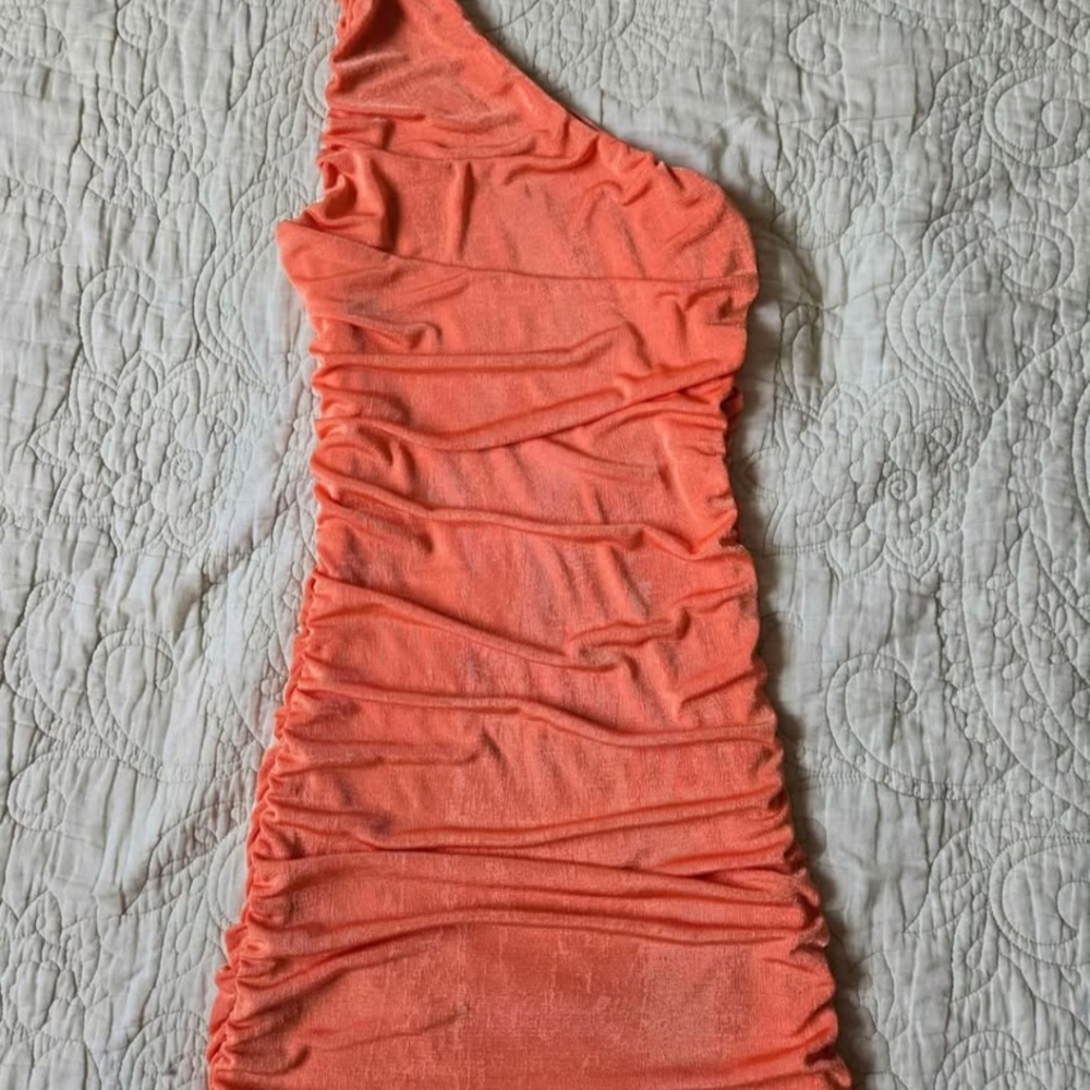 Bold Orange One-Shoulder Fitted Ruched Mini Dress (New)